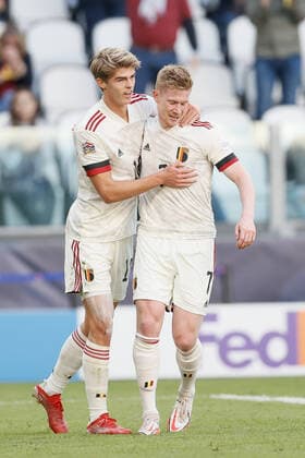 Belgium s Charles De Ketelaere celebrates with Belgium s Kevin De Bruyne at a soccer game between Belgian national team, Nationalteam Red Devils and Italy, the Nations League third-place play-off, in Torino, Italy, on Sunday 10 October 2021. BRUNOxFAHY  x3111165x