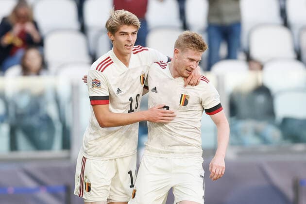 Belgium s Charles De Ketelaere celebrates after scoring during a soccer game between Belgian national team, Nationalteam Red Devils and Italy, the Nations League third-place play-off, in Torino, Italy, on Sunday 10 October 2021. BRUNOxFAHY  x3111170x