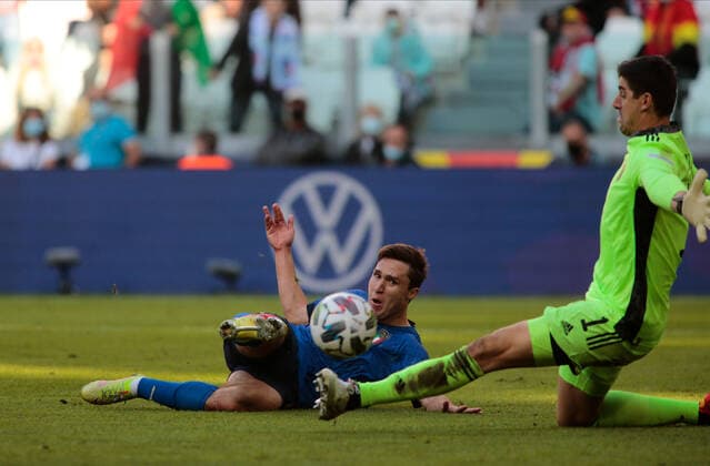 Federico Chiesa (Italy) in attempt to score during the UEFA Nations League, Third-place play-off football match between Italy and Belgium on October 10, 2021 at Allianz Stadium in Turin, Italy  Copyright: xNderimxKacelix xIPAx xx 0