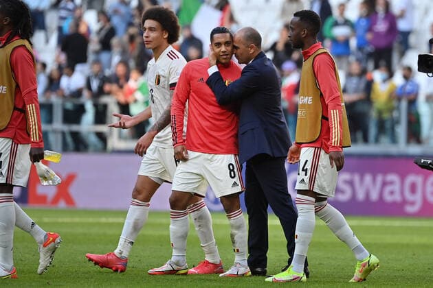 Belgium s Youri Tielemans and Belgium s head coach Roberto Martinez pictured after a soccer game between Belgian national team, Nationalteam Red Devils and Italy, the Nations League third-place play-off, in Torino, Italy, on Sunday 10 October 2021. DIRKxWAEM  x3111199x