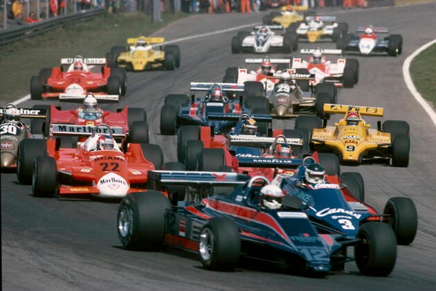 Startrunde zum GP Belgien in Zolder 1980 orne b12 Elio de Angelis im Lotus 81 Ford Cosworth DFV 3.0V8 daneben 3 bJean-Pierre Jarier im Txrrell 010 Ford Cosworth + 22 Patrick Depailler im Alfa Romeo 179 3.0V12 daneben Derek Daly im Tyrell 010 Ford Cosworth daneben Jan Lammers im ATS D4 ganz links noch 30 Jochen Mass im Arrows A3 daneben Jody Scheckter im Ferrari 312T5 usw *** Starting lap to the GP Belgium in Zolder 1980 orne b12 Elio de Angelis in the Lotus 81 Ford Cosworth DFV 3 0V8 beside it 3 bJean Pierre Jarier in the Txrrell 010 Ford Cosworth 22 Patrick Depailler in the Alfa Romeo 179 3 0V12 beside it Derek Daly in the Tyrell 010 Ford Cosworth beside it Jan Lammers in the ATS D4 completely left still 30 Jochen Mass in the Arrows A3 beside it Jody Scheckter in the Ferrari 312T5 etc.
