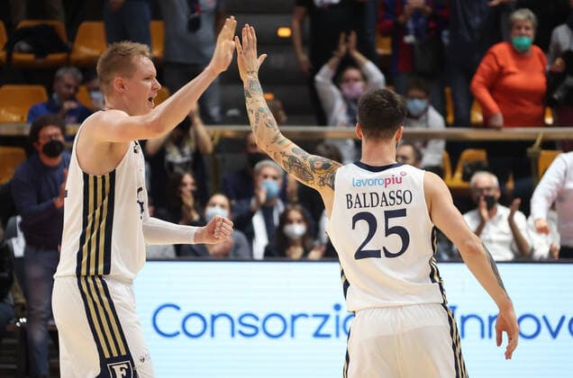 Mandatory Credit: Photo by Michele Nucci LiveMedia Shutterstock (12532272bi) Tommaso Baldasso (Kigili Fortitudo Bologna) (R) and Robin Benzing (Kigili Fortitudo Bologna) Italian Basketball A Serie Championship Fortitudo Bologna vs Carpegna Prosciutto Pesaro, Bologna, Italy - 10 Oct 2021 Italian Basketball A Serie Championship Fortitudo Bologna vs Carpegna Prosciutto Pesaro, Bologna, Italy - 10 Oct 2021  Copyright: xMichelexNucci LiveMedia Shutterstockx 12532272bi