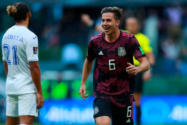 Mexico s Sebastian Cordova celebrates after scoring against Honduras, during a match amid the Concacaf qualifiers for the Qatar 2022 World Cup, at the Azteca Stadium in Mexico City, Mexico, 10 October 2021. Mexico - Honduras !ACHTUNG: NUR REDAKTIONELLE NUTZUNG!  Copyright: xCarlosxRamírezx AMDEP970 20211011-d58200d2b934e92536ae457b3d9c514d6855ac7c