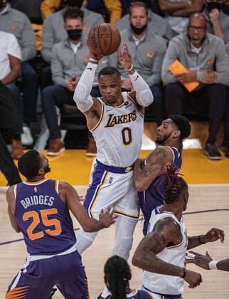 October 10, 2021, Los Angeles, California, USA: Russell Westbrook 0 of the Los Angeles Lakers passes the ball during their pre-season NBA, Basketball Herren, USA game with the Phoenix Suns on Sunday October 10, 2021 at the Staples Center in Los Angeles, California. PI Los Angeles USA - ZUMAp124 20211010_zaa_p124_009 Copyright: xJAVIERxROJASx
