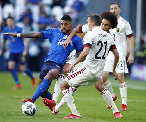 (211011) -- TURIN, Oct. 11, 2021 -- Italy s Emerson (L) vies with Belgium s Axel Witsel (R) and Timothy Castagne (front) during the UEFA Nations League third place play-off match between Italy and Belgium in Turin, Italy, Oct. 10, 2021. (Str Xinhua) (SP)ITALY-TURIN-FOOTBALL-UEFA NATIONS LEAGUE-ITALY VS BELGIUM JinxMamengnitonglian 