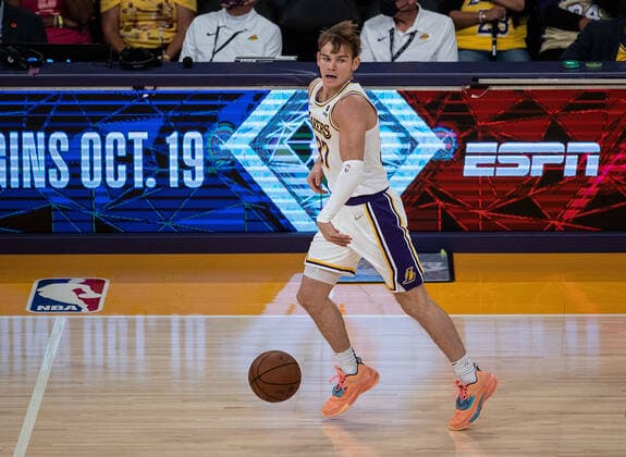 October 10, 2021, Los Angeles, California, USA: Mac McClung 37 of the Los Angeles Lakers with the ball during their pre-season NBA, Basketball Herren, USA game with the Phoenix Suns on Sunday October 10, 2021 at the Staples Center in Los Angeles, California. PI Los Angeles USA - ZUMAp124 20211010_zaa_p124_039 Copyright: xJAVIERxROJASx