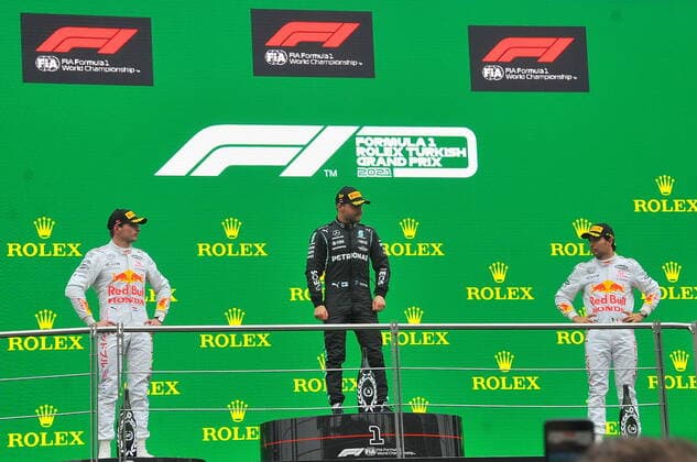Formula 1 Turkish Grand Prix 2021 10 10 2021, Istanbul Park Circuit, Istanbul, Formula 1 Turkish Grand Prix 2021 ,in the picture podium winner Valtteri Bottas FIN 77 , Mercedes AMG Petronas Formula One Team, 2nd place for Max Verstappen NEL 33 , Red Bull Racing Honda, 3rd place for Sergio Perez MEX 11 , Red Bull Racing Honda nordphotoxGmbHx xBratic nph00250