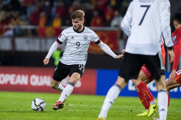 Timo Werner Germany 9 on the ball, MKD, North Macedonia vs Germany, 11 10 2021, World Cup Quali Europe, Group J, Season 2021 2022 DFB REGULATES PROHIBIT ANY USE OF PHOTOGRAPHS AS IMAGE SEQUENCES AND OR QUASI VIDEO MKD, North Macedonia vs Germany, 11 10 2021, World Cup Quali Europe, Group J, Season 2021 2022 Skopje Copyright: xEIBNER NikolaxKrsticx EP_EER