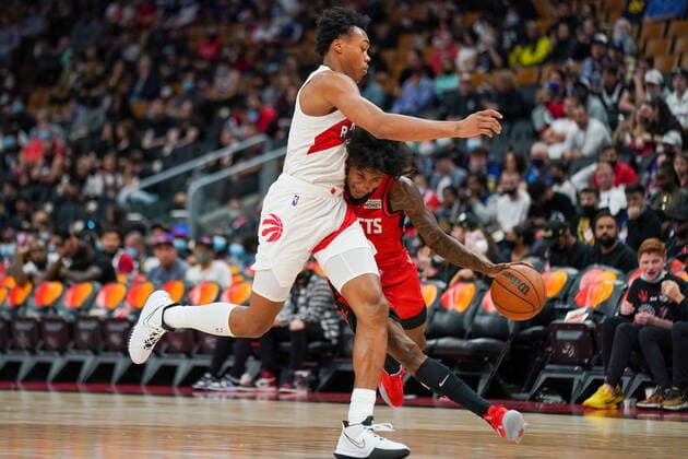 October 11, 2021, Toronto, on, Canada: Houston Rockets guard Kevin Porter Jr. (3) draws a defensive foul against Toronto Raptors forward Scottie Barnes (4) during second half NBA, Basketball Herren, USA preseason basketball action in Toronto on Monday, Oct. 11, 2021. Canada News - October 11, 2021  - ZUMAc35_ 20211011_zaf_c35_046 Copyright: xEvanxBuhlerx