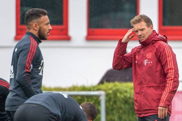Corentin Tolisso 24 FC Bayern Muenchen , Head coach Julian Nagelsmann FC Bayern Muenchen , FC Bayern Muenchen training, season 2021 2022 at Saebenerstrasse 12 10 2021 Muenchen Bayern Germany Copyright: xkolbert-press UlrichxGamelx