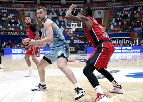 MOSCOW, RUSSIA â€“ OCTOBER 12, 2021: BC CSKA Moscow s Will Clyburn (R) blocks BC Zenit St Petersburg s Andrei Zubkov in their 2021 22 Euroleague Regular Season Round 3 basketball match, at the Megasport Arena. Alexander Shcherbak TASS  TS113EFF