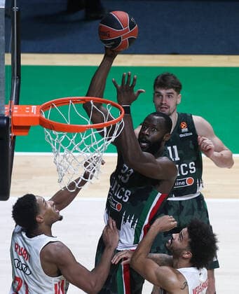 KAZAN, RUSSIA â€“ OCTOBER 12, 2021: Bayern Munich s Augustine Rubit, Nick Weiler-Babb (L-R front) and UNICS Kazan s Tonye Jekiri (C midground) and Mario Hezonja (back) in a 2021-22 Euroleague Regular Season Round 3 basketball match between UNICS Kazan and Bayern Munich at Kazan Basket Hall. Yegor Aleyev TASS  TS113F12