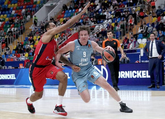 MOSCOW, RUSSIA â€“ OCTOBER 12, 2021: BC Zenit St Petersburg s Dmitry Kulagin (R) dribbles past BC CSKA Moscow s Joel Bolomboy in their 2021 22 Euroleague Regular Season Round 3 basketball match, at the Megasport Arena. Alexander Shcherbak TASS  TS113F16