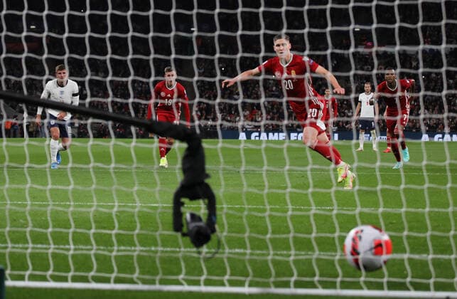 Roland Sallai (Hungary) scores for Hungary (0-1) from the penalty spot at the England v Hungary World Cup Qualifier, at Wembley Stadium, London, UK on 12th October, 2021. 