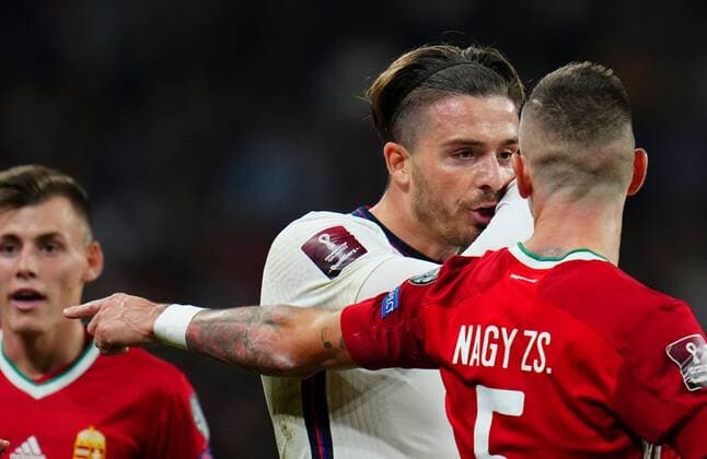 Mandatory Credit: Photo by Javier Garcia Shutterstock (12534018ae) Jack Grealish of England has words with Zsolt Nagy of Hungary after he was fouled England v Hungary, FIFA World Cup, WM, Weltmeisterschaft, Fussball 2022 Qualifying, Group I, Football, Wembley Stadium, London, UK - 12 Oct 2021 EDITORIAL USE ONLY No use with unauthorised audio, video, data, fixture lists, club league logos or live services. Online in-match use limited to 120 images, no video emulation. No use in betting, games or single club league player publications. England v Hungary, FIFA World Cup 2022 Qualifying, Group I, Football, Wembley Stadium, London, UK - 12 Oct 2021 EDITORIAL USE ONLY No use with unauthorised audio, video, data, fixture lists, club league logos or live services. Online in-match use limited to 120 images, no video emulation. No use in betting, games or single club league player publications. Copyright: xJavierxGarcia Shutterstockx 12534018ae