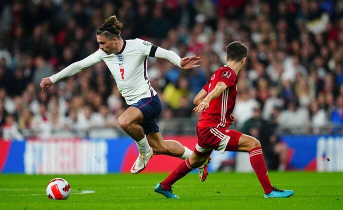 Mandatory Credit: Photo by Javier Garcia Shutterstock (12534018ai) Jack Grealish of England England v Hungary, FIFA World Cup, WM, Weltmeisterschaft, Fussball 2022 Qualifying, Group I, Football, Wembley Stadium, London, UK - 12 Oct 2021 EDITORIAL USE ONLY No use with unauthorised audio, video, data, fixture lists, club league logos or live services. Online in-match use limited to 120 images, no video emulation. No use in betting, games or single club league player publications. England v Hungary, FIFA World Cup 2022 Qualifying, Group I, Football, Wembley Stadium, London, UK - 12 Oct 2021 EDITORIAL USE ONLY No use with unauthorised audio, video, data, fixture lists, club league logos or live services. Online in-match use limited to 120 images, no video emulation. No use in betting, games or single club league player publications. Copyright: xJavierxGarcia Shutterstockx 12534018ai