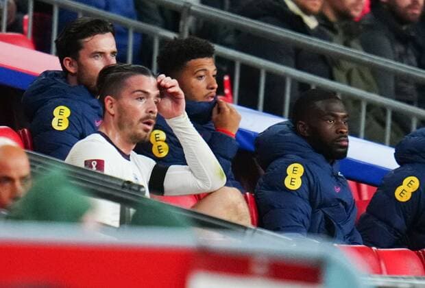 Mandatory Credit: Photo by Javier Garcia Shutterstock (12534018ak) Jack Grealish of England reacts after being substituted England v Hungary, FIFA World Cup, WM, Weltmeisterschaft, Fussball 2022 Qualifying, Group I, Football, Wembley Stadium, London, UK - 12 Oct 2021 EDITORIAL USE ONLY No use with unauthorised audio, video, data, fixture lists, club league logos or live services. Online in-match use limited to 120 images, no video emulation. No use in betting, games or single club league player publications. England v Hungary, FIFA World Cup 2022 Qualifying, Group I, Football, Wembley Stadium, London, UK - 12 Oct 2021 EDITORIAL USE ONLY No use with unauthorised audio, video, data, fixture lists, club league logos or live services. Online in-match use limited to 120 images, no video emulation. No use in betting, games or single club league player publications. Copyright: xJavierxGarcia Shutterstockx 12534018ak