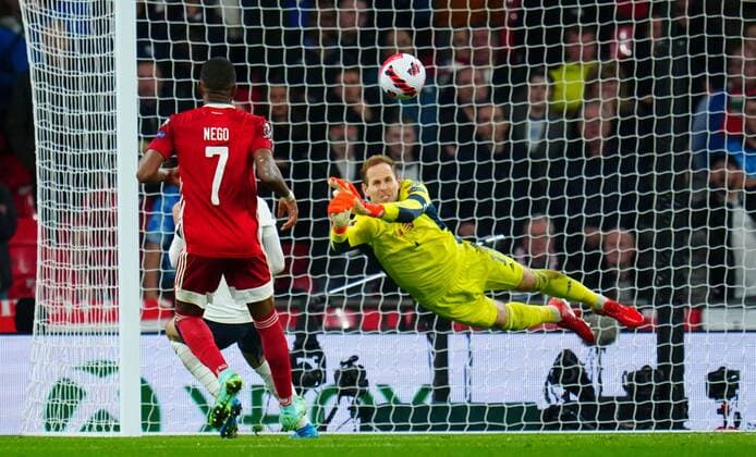 Mandatory Credit: Photo by Javier Garcia Shutterstock (12534018ap) Hungary Goalkeeper Peter Gulacsi pulls off a late save England v Hungary, FIFA World Cup, WM, Weltmeisterschaft, Fussball 2022 Qualifying, Group I, Football, Wembley Stadium, London, UK - 12 Oct 2021 EDITORIAL USE ONLY No use with unauthorised audio, video, data, fixture lists, club league logos or live services. Online in-match use limited to 120 images, no video emulation. No use in betting, games or single club league player publications. England v Hungary, FIFA World Cup 2022 Qualifying, Group I, Football, Wembley Stadium, London, UK - 12 Oct 2021 EDITORIAL USE ONLY No use with unauthorised audio, video, data, fixture lists, club league logos or live services. Online in-match use limited to 120 images, no video emulation. No use in betting, games or single club league player publications. Copyright: xJavierxGarcia Shutterstockx 12534018ap