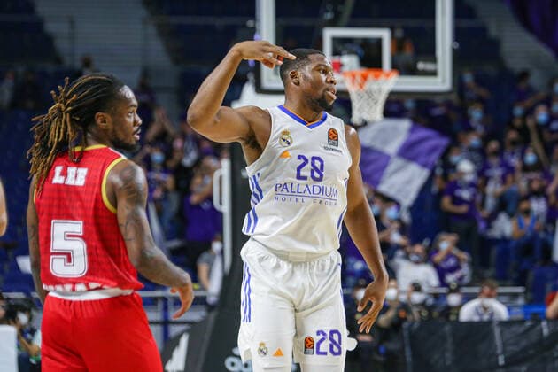 13th October 2021; Wizink Center; Madrid, Spain; Turkish Airlines Euroleague Basketball; game 3; Real Madrid versus AS Monaco; Guerschon Yabusele (Real Madrid Baloncesto) celebrating scoring three points  ActionPlus12330522 AgenciaLOF