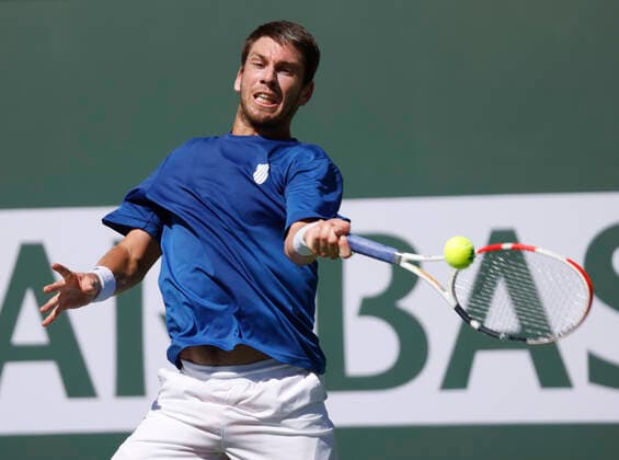 October 13, 2021 Cameron Norrie of Great Britain returns a shot against Tommy Paul during the 2021 BNP Paribas Open at Indian Wells Tennis Garden in Indian Wells, California. Mandatory Photo Credit : CSM Indian Wells United States of America - ZUMAc04_ 20211013_zaf_c04_070 Copyright: xCharlesxBausx