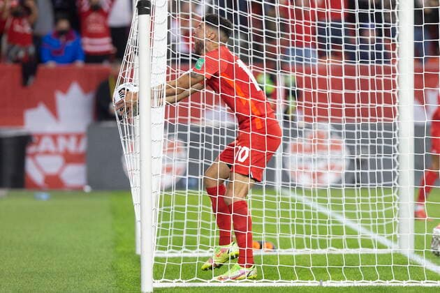 October 13, 2021, Toronto, on, Canada: Canada s Jonathan Osorio (left) celebrates after Tajon Buchanan scores against Panama during first half World Cup qualifying action in Toronto, on Wednesday, October 13, 2021. Jonathan Osorio  - ZUMAc35_ 20211013_zaf_c35_077 Copyright: xChrisxYoungx