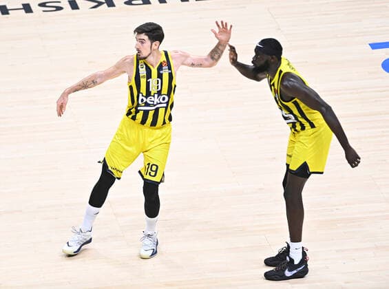 Nando de Colo and Marial Shayok (R) of Fenerbahce Beko Istanbul durng the Turkish Airlines Euroleague regular season basketball match between Fenerbahce Beko Istanbul and Unics Kazan at Ulker Arena in Istanbul , Turkey on October 14, 2021.  www.seskimphoto.com