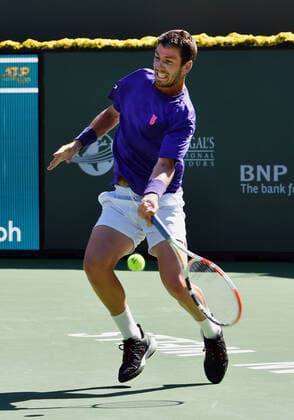 INDIAN WELLS, CA - OCTOBER 14: Cameron Norrie of Great Britain hits a backhand shot during a tennis match played on October 14, 2021 at the BNP Paribas Open at the Indian Wells Tennis Garden in Indian Wells, CA. (Photo by John Cordes Icon Sportswire) TENNIS: OCT 14 BNP Paribas Open Icon506211014103