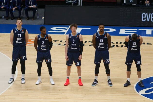 Saint Petersburg, Russia - 14 october 2021: Basketball. Euroleague 2021-2022, BC Zenit vs FC Bayern Munich. Player of the Zenit basketball club Arturas Gudaitis, Jordan Mickey, Jordan Loyd, Dmitry Kulagin MaksimxKonstantinov
