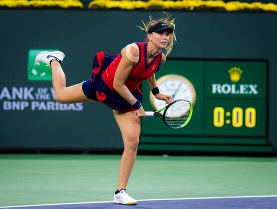 Mandatory Credit: Photo by Rob Prange Shutterstock (12524637au) Paula Badosa of Spain in action during the quarter-final at the 2021 BNP Paribas Open WTA, Tennis Damen 1000 tennis tournament BNP Paribas Open, Tennis, Day 9, Indian Wells Tennis Garden, California, USA - 14 Oct 2021 BNP Paribas Open, Tennis, Day 9, Indian Wells Tennis Garden, California, USA - 14 Oct 2021 Copyright: xRobxPrange Shutterstockx 12524637au