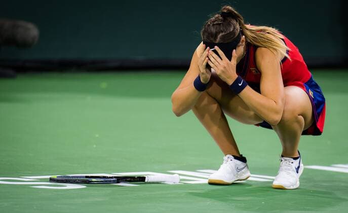 Mandatory Credit: Photo by Rob Prange Shutterstock (12524637be) Paula Badosa of Spain in action during the quarter-final at the 2021 BNP Paribas Open WTA, Tennis Damen 1000 tennis tournament BNP Paribas Open, Tennis, Day 9, Indian Wells Tennis Garden, California, USA - 14 Oct 2021 BNP Paribas Open, Tennis, Day 9, Indian Wells Tennis Garden, California, USA - 14 Oct 2021 Copyright: xRobxPrange Shutterstockx 12524637be