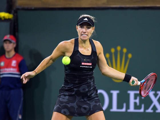 INDIAN WELLS, CA - OCTOBER 14: Angelique Kerber (GER) hitting a forehand during her quarterfinal match during the BNP Paribas Open on October 14, 2021, at the Indian Wells Tennis Garden in Indian Wells, CA. (Photo by Cynthia Lum Icon Sportswire) TENNIS: OCT 14 BNP Paribas Open Icon250211014057