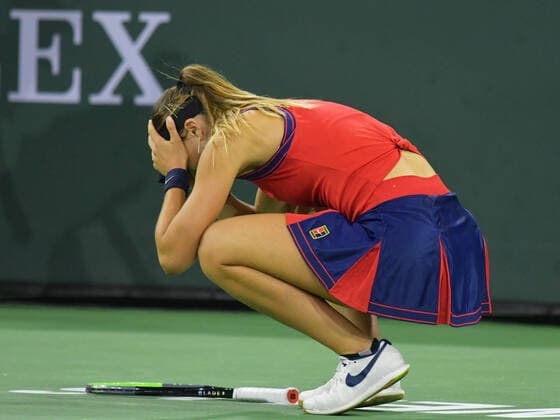 INDIAN WELLS, CA - OCTOBER 14: Paula Badosa (ESP) reacts after winning her quarterfinal match during the BNP Paribas Open on October 14, 2021, at the Indian Wells Tennis Garden in Indian Wells, CA. (Photo by Cynthia Lum Icon Sportswire) TENNIS: OCT 14 BNP Paribas Open Icon250211014117