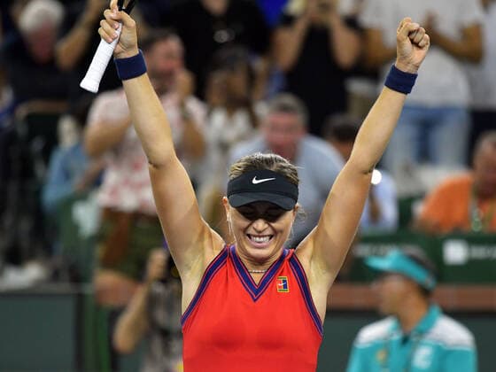 INDIAN WELLS, CA - OCTOBER 14: Paula Badosa (ESP) reacts after winning her quarterfinal match during the BNP Paribas Open on October 14, 2021, at the Indian Wells Tennis Garden in Indian Wells, CA. (Photo by Cynthia Lum Icon Sportswire) TENNIS: OCT 14 BNP Paribas Open Icon250211014123