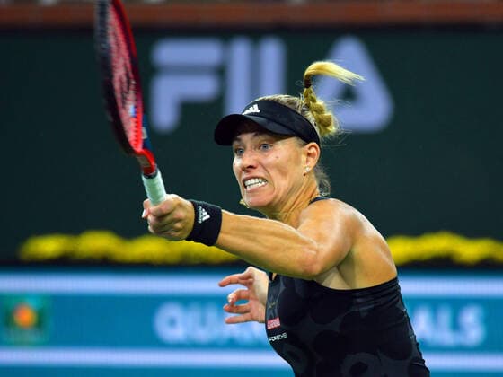 INDIAN WELLS, CA - OCTOBER 14: Angelique Kerber (GER) hitting a forehand during her quarterfinal match during the BNP Paribas Open on October 14, 2021, at the Indian Wells Tennis Garden in Indian Wells, CA. (Photo by Cynthia Lum Icon Sportswire) TENNIS: OCT 14 BNP Paribas Open Icon250211014050