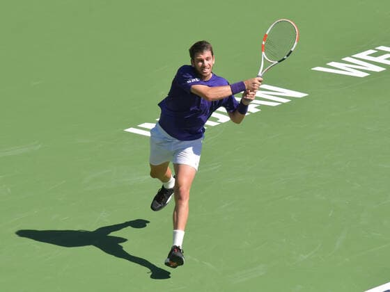 INDIAN WELLS, CA - OCTOBER 14: Cameron Norrie (GBR) hitting a backhand during his men s singles quarterfinal during the BNP Paribas Open on October 14, 2021, at the Indian Wells Tennis Garden in Indian Wells, CA. (Photo by Cynthia Lum Icon Sportswire) TENNIS: OCT 14 BNP Paribas Open Icon250211014066