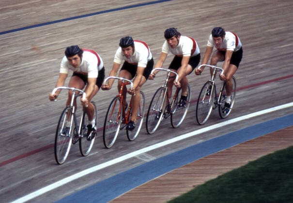 Olympische Spiele; München 1972. Bahnradsport:Der Deutsche Bahnvierer in Aktion 04.09.1972. *** Olympic Games Munich 1972 Track cycling The German track foursome in action 04 09 1972 HM