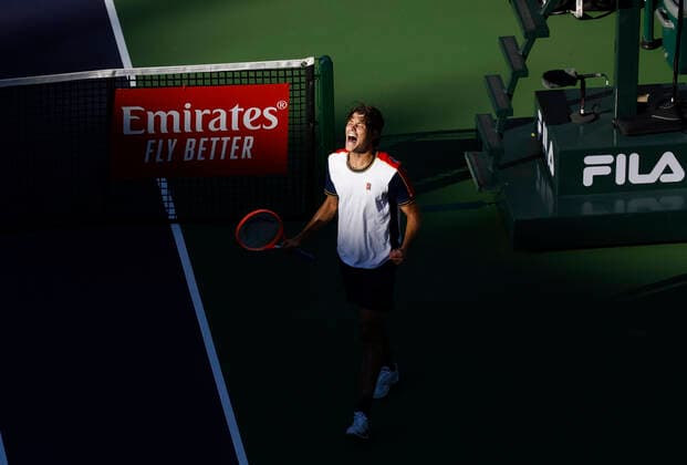 October 15, 2021 Taylor Fritz celebrates after winning his match against Alexander Zverev of Germany during the 2021 BNP Paribas Open at Indian Wells Tennis Garden in Indian Wells, California. Mandatory Photo Credit : CSM Indian Wells United States of America - ZUMAc04_ 20211015_zaf_c04_034 Copyright: xCharlesxBausx