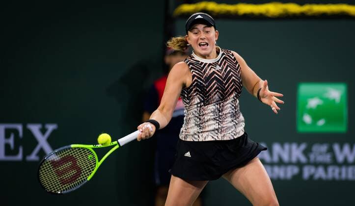 Mandatory Credit: Photo by Rob Prange Shutterstock (12524639f) Jelena Ostapenko of Latvia in action during the semi-final of the 2021 BNP Paribas Open WTA, Tennis Damen 1000 tennis tournament BNP Paribas Open, Tennis, Day 10, Indian Wells Tennis Garden, California, USA - 15 Oct 2021 BNP Paribas Open, Tennis, Day 10, Indian Wells Tennis Garden, California, USA - 15 Oct 2021 Copyright: xRobxPrange Shutterstockx 12524639f