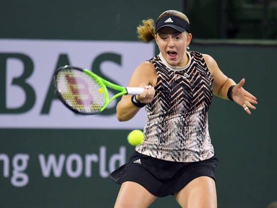 INDIAN WELLS, CA - OCTOBER 15: Jelena Ostapenka (BUL) hitting a forehand during her semifinal match at the BNP Paribas Open on October 15, 2021, at the Indian Wells Tennis Garden in Indian Wells, CA. (Photo by Cynthia Lum Icon Sportswire) TENNIS: OCT 15 BNP Paribas Open Icon2502110151275