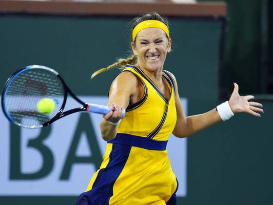 INDIAN WELLS, CA - OCTOBER 15: Victoria Azarenka (BLR) hitting a forehand during her semifinal match at the BNP Paribas Open on October 15, 2021, at the Indian Wells Tennis Garden in Indian Wells, CA. (Photo by Cynthia Lum Icon Sportswire) TENNIS: OCT 15 BNP Paribas Open Icon2502110151279