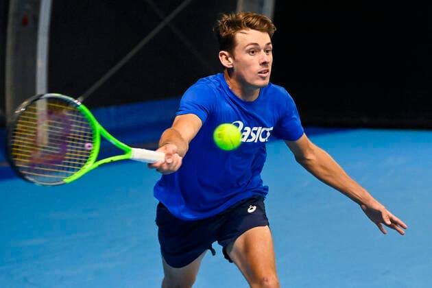 Australian Alex De Minaur pictured in action during a training session ahead of the European Open Tennis ATP, Tennis Herren tournament, in Antwerp, Saturday 16 October 2021. LAURIExDIEFFEMBACQ  x3114209x