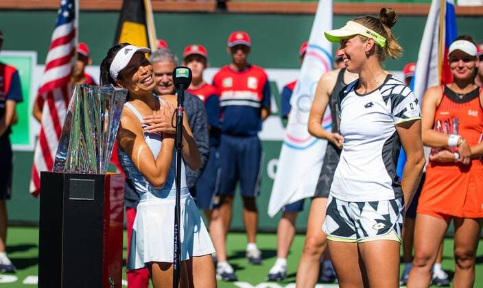 Mandatory Credit: Photo by Rob Prange Shutterstock (12524640x) Su-Wei Hsieh of Chinese Taipeh, Elise Mertens of Belgium after winning the doubles final of the 2021 BNP Paribas Open WTA, Tennis Damen 1000 tennis tournament BNP Paribas Open, Tennis, Day 11, Indian Wells Tennis Garden, California, USA - 16 Oct 2021 BNP Paribas Open, Tennis, Day 11, Indian Wells Tennis Garden, California, USA - 16 Oct 2021 Copyright: xRobxPrange Shutterstockx 12524640x