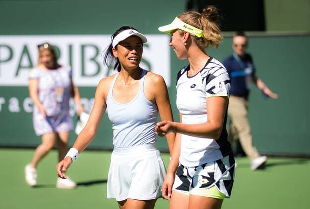Mandatory Credit: Photo by Rob Prange Shutterstock (12524640ad) Su-Wei Hsieh of Chinese Taipeh, Elise Mertens of Belgium after winning the doubles final of the 2021 BNP Paribas Open WTA, Tennis Damen 1000 tennis tournament BNP Paribas Open, Tennis, Day 11, Indian Wells Tennis Garden, California, USA - 16 Oct 2021 BNP Paribas Open, Tennis, Day 11, Indian Wells Tennis Garden, California, USA - 16 Oct 2021 Copyright: xRobxPrange Shutterstockx 12524640ad