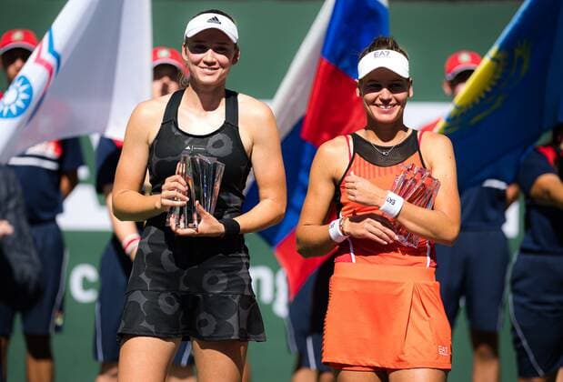 Mandatory Credit: Photo by Rob Prange Shutterstock (12524640ab) Elena Rybakina of Kazakhstan & Veronika Kudermetova of Russia during the trophy ceremony after the doubles final of the 2021 BNP Paribas Open WTA, Tennis Damen 1000 tennis tournament BNP Paribas Open, Tennis, Day 11, Indian Wells Tennis Garden, California, USA - 16 Oct 2021 BNP Paribas Open, Tennis, Day 11, Indian Wells Tennis Garden, California, USA - 16 Oct 2021 Copyright: xRobxPrange Shutterstockx 12524640ab
