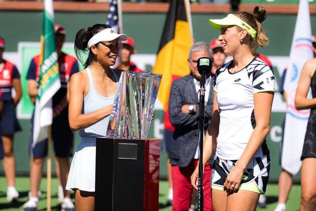 Mandatory Credit: Photo by Rob Prange Shutterstock (12524640z) Su-Wei Hsieh of Chinese Taipeh, Elise Mertens of Belgium after winning the doubles final of the 2021 BNP Paribas Open WTA, Tennis Damen 1000 tennis tournament BNP Paribas Open, Tennis, Day 11, Indian Wells Tennis Garden, California, USA - 16 Oct 2021 BNP Paribas Open, Tennis, Day 11, Indian Wells Tennis Garden, California, USA - 16 Oct 2021 Copyright: xRobxPrange Shutterstockx 12524640z