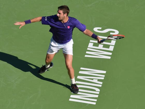INDIAN WELLS, CA - OCTOBER 16: Cameron Norrie (GBR) hitting a forehand during his semifinal match at the BNP Paribas Open on October 16, 2021, at the Indian Wells Tennis Garden in Indian Wells, CA. (Photo by Cynthia Lum Icon Sportswire)F TENNIS: OCT 16 BNP Paribas Open Icon2502110161360