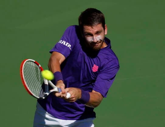 October 16, 2021 Cameron Norrie of Great Britain returns a shot against Grigor Dimitrov of Bulgaria in their semifinal match during the 2021 BNP Paribas Open at Indian Wells Tennis Garden in Indian Wells, California. Mandatory Photo Credit : CSM Indian Wells United States of America - ZUMAc04_ 20211016_zaf_c04_190 Copyright: xCharlesxBausx