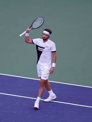 October 16, 2021 Nikoloz Basilashvili of Georgia celebrates his win against Taylor Fritz during the semifinals of the 2021 BNP Paribas Open at Indian Wells Tennis Garden in Indian Wells, California. Mandatory Photo Credit : CSM Indian Wells United States of America - ZUMAc04_ 20211016_zaf_c04_306 Copyright: xCharlesxBausx