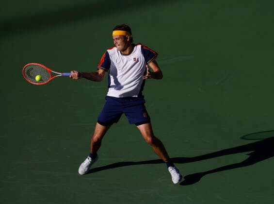 October 16, 2021 Taylor Fritz returns a shot against Nikoloz Basilashvili of Georgia during the semifinals of the 2021 BNP Paribas Open at Indian Wells Tennis Garden in Indian Wells, California. Mandatory Photo Credit : CSM Indian Wells United States of America - ZUMAc04_ 20211016_zaf_c04_328 Copyright: xCharlesxBausx