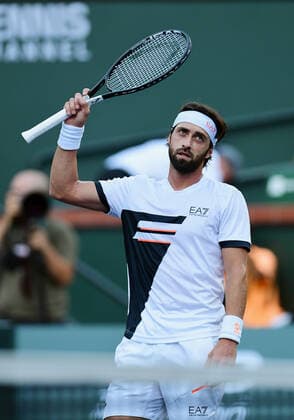 INDIAN WELLS, CA - OCTOBER 16: Nikoloz Basilashvili of Georgia reacts after defeating Taylor Fritz of the United States in a semifinal tennis match played on October 16, 2021 at the BNP Paribas Open at the Indian Wells Tennis Garden in Indian Wells, CA. (Photo by John Cordes Icon Sportswire) TENNIS: OCT 16 BNP Paribas Open Icon506211016737